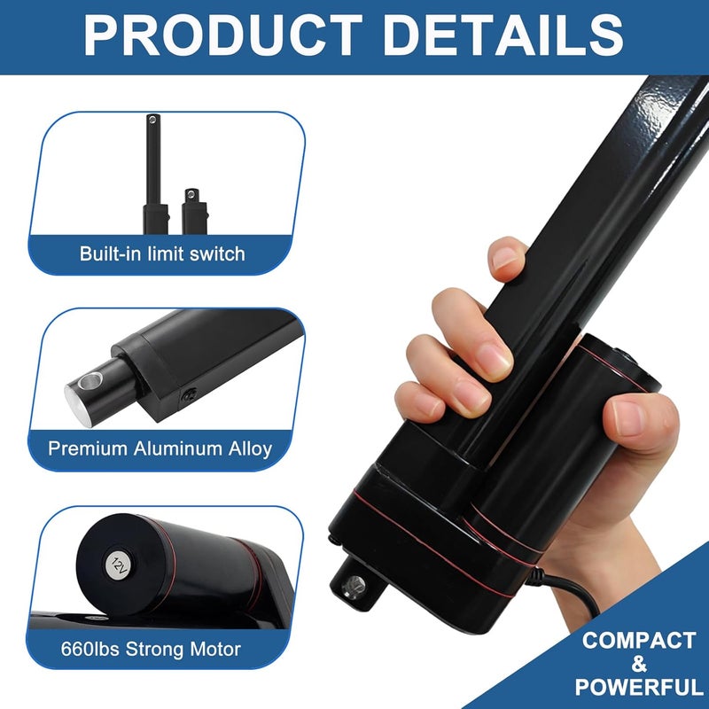 JQDML Store محرك خطي 8 إنش 8" بمدى 12 فولت للاستخدام الثقيل 3000N/660lbs مقاوم للماء IP65 مع حوامل تثبيت - Image 5